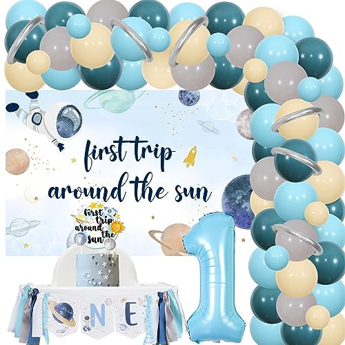 First Trip Around The Sun Birthday Decorations - Outer Space Balloons Garland Arch Kit with Backdrop, One High Chair Banner, Cake Topper, Number 1 Balloon for Space Theme First Birthday Party Supplies