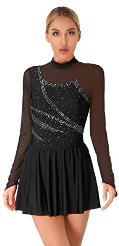Jugaoge Damen Eiskunstlauf Kleider Langarm Kürkleid Glitzer Tanzkleider Mesh Spleiß Gymnastikanzug Turnanzug mit Tutu Röckchen Schwarz S