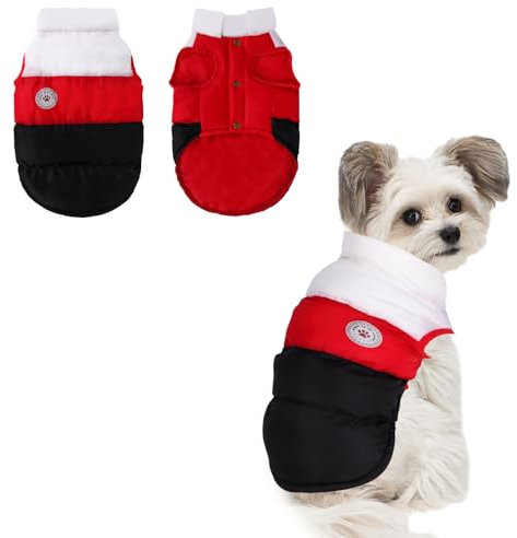 Winter Hundejacke, gepolsterter Mantel für Welpen, Winddicht, Warme Fleece-Weste für kleine Hunde, verstellbares Magic Tape, kaltes Wetter (Rot, S)