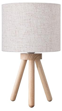 EDISHINE 34 cm Bedside Lamps, Beige Linen Lampshade, Wooden Tripod Table Lamps for Living Room, Bedroom, Kids Room, LED Bulb Included, E27 Socket