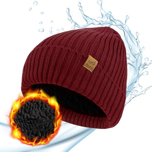 ACUSHLA Bonnet d'hiver imperméable et coupe-vent – Bonnet d'hiver en tricot doublé de polaire épaisse pour homme et femme – Bonnet de montre chaud pour temps froid, Rouge, taille unique