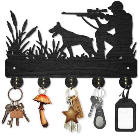 MAYJOYDIY Holz Jagd Wandgarderobe Jägerhund Schilfholz Schlüsselhaken | 30x20cm, Schwarzer Schlüsselhalter Wanddeko, Jäger Schlüsselbrett, 5 Haken Aus Legierung, als Geschenk, Flur Eingangsbereich