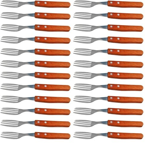 ACAN Tradineur - Pack de 24 tenedores chuleteros de acero inoxidable, mango de madera, cubiertos clásicos para carne, aptos para lavavajillas - 20,5 cm