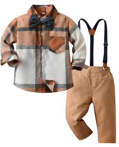 Kunyeah ragazzo Gentleman Plaid abiti bambino Camicia a maniche lunghe con papillon bretelle pantaloni vestito bambino per 1-7 anni