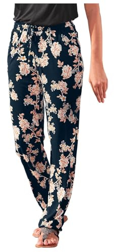 Summer Boho Women's Trousers - Vintage Floral Print Linen Beach Pants with Elasticated Waist & Pockets (Navy, XXL)
