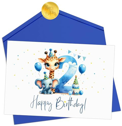 Joli Coon Geburtstagskarte 2 Jahre Junge - Premium Happy Birthday Geburtstagskarte 2 Jahre - Klappkarte mit Kuvert und goldenen Siegelsticker