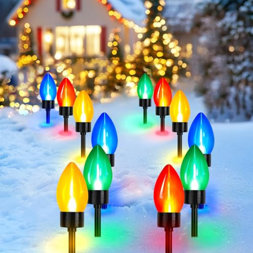 Joyoldelf Christmas Solar Lights Outdoor - 12 PCS LED C9 Solar String Lights Outdoor with 12 Stakes, Christmas Tree Lights, Outside Christmas Decorations for Yard Patio Walkway Driveway