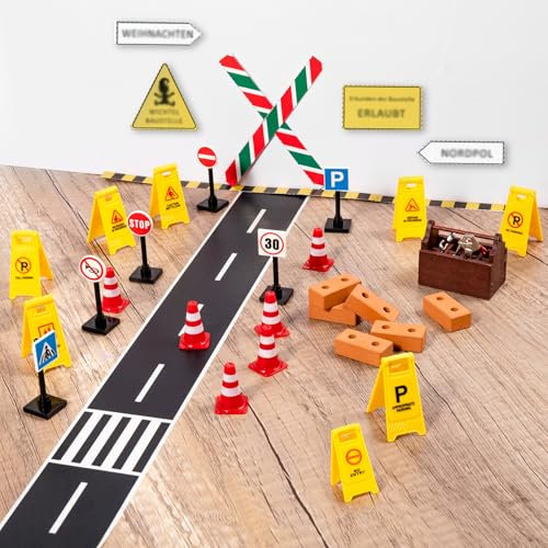 YAOZUP Wichtel Baustelle, 36 Stück Miniatur Baustelle Wichtel, Wichtel Baustellenschilder, Wichtel Zubehör Weihnachten, Mini Holz Werkzeugkiste mit Werkzeug, Miniatur Wichtel Zubehör Deko Weihnachten