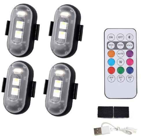 GUSHE 4 Stück Drahtlose ferngesteuerte Flugzeuglichter + Fernbedienung, Motorrad Blitzlichter, 7 Farben Led Aircraft Strobe Lights, Wasserdicht USB Charging Blitzlichter für Autos Drohnen Motorräder