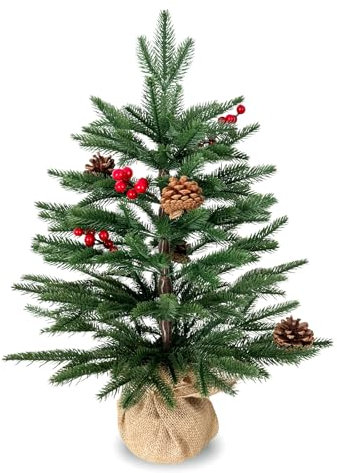 Kleiner Weihnachtsbaum | Tischweihnachtsbaum mit 57 PE-Spitzen, 8 Tannenzapfen, 8 Beeren | Flauschiger, vordekorierter 2-Fuß-Baum – verleiht festlichen Touch | Grün