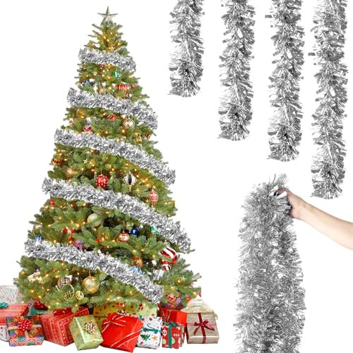6 Stück x 2M Weihnachten Lametta Girlande, Lametta Girlande Weihnachtsgirlande, Glitzernd Girlande Weihnachten Innen-Und Außen für Weihnachtsbaum Weihnachtsfeier, Lametta Weihnachtsdekoration Silber