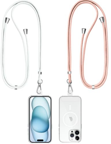 Wanme Cordino per Cellulare da Collo, 2Pezzi Universale Cordino per Telefono, Regolabile Cordino Tracolla per iPhone Huawei Samsung Tutti Gli Smartphone,Oro Bianco+Rosa
