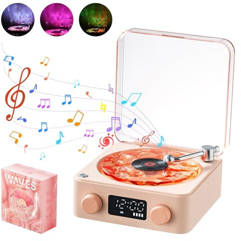 Waves Haut-parleur vinyle Bluetooth avec lumière RVB et effet vagues d'eau, son stéréo 3 modes d'aide au sommeil avec 4 sons de la nature, compatible avec carte TF et mode AUX (rose)