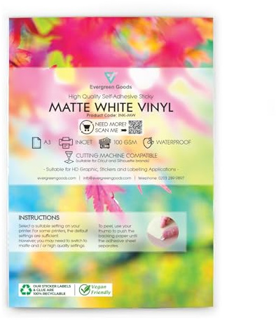 Evergreen Goods A3 Weiß Matt Selbstklebendes Aufkleberpapier | 50 Blatt | Inkjet & Laserdrucker kompatibel | Wasserfest bedruckbares Vinyl | Blätter für Aufkleber & Etiketten | 420 x 297 mm