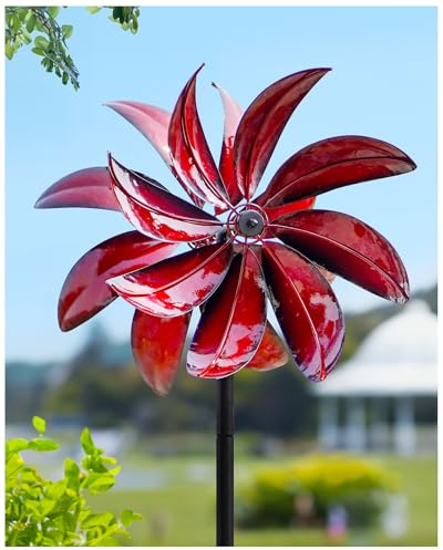 Cyan Oasis Windspiel für den Außenbereich, rote Metall-Windmühle mit Pfahl für Hof und Garten, kinetische Windskulpturen und Spinner, Geschenkideen für Gartenliebhaber (30,5 cm B x 177,8 cm H)