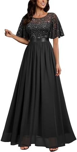 MIUSOL Women's Elegant Flutter Sleeves Lace Sequin Prom Bridesmaids Party Gown Formal Maxi Dress (Large, Black)