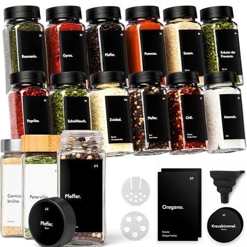 KIVY Kryddburkar med ströinsats – 12 x 120 ml + 120 etiketter – lufttät | Vattentäta etiketter – lufttäta kryddburkar fyrkantiga – kryddströare glas – kryddburkar set – kryddbehållare – svart