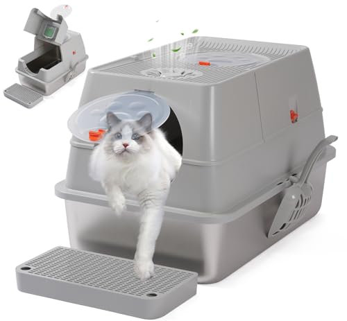 Lettiera per gatti in acciaio inox, con coperchio, adatta per gatti piccoli, medi e grandi, facile da pulire, controllo degli odori, superficie antiaderente, rimovibile, ribaltabile a 180°, grigio