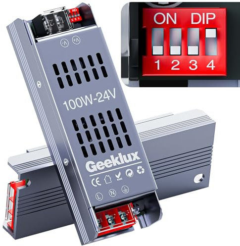 GEEKLUX Transformateur LED 220V 24V, Alimentation Réglable 100W, Driver LED Sans Bruit et Sans Clignotement, Compact et Mince, IP20, Convertisseur 24V 220V