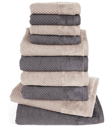 Pure Label Handtücher Set 10-TLG 2x70x140 4x50x100 4x30x50 Anthrazit|Stein | weich, saugstark, 100% Baumwolle & OEKO-TEX, mit Schlaufe