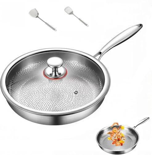 Titanium Frying Pan Non Stick with Lid – Non Stick Titanium Frying Pan with Lid, Scratch-Resistant Hammered Design, Ultra-Durable & Multifunctional, Induction & Oven Safe Cookware (12-30cm)