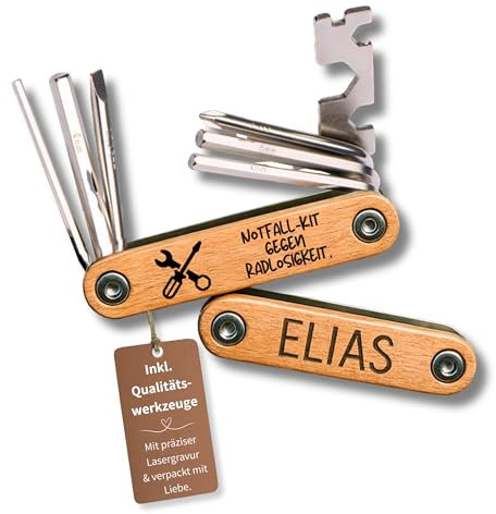 Happy Box® 9in1 Personalisiertes Fahrrad-Multitool aus Buchenholz – Graviertes Werkzeug für Papa zum Vatertag Lustig – Multifunktionswerkzeug, Fahrrad Zubehör – Geschenk Radfahrer (Radlosigkeit)