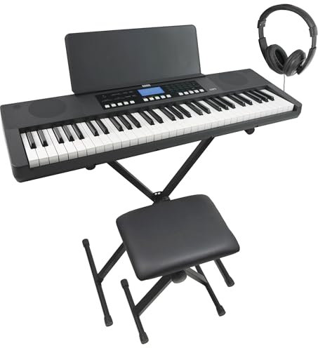 Axus 61 Key Keyboard Piano Bundle - Portable Touch Sensitive Slimline MIDI Keyboard with Adjustable Stand, Stool, Headphones, Power Supply and Music Rest