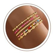 Turandoss 5 Stück Armband Damen Gold,Perlenarmband Set Damen Elastisch Gold | Bunte Armbänder Damen, Boho Armband Set Damen, Geschenke für Frauen Mädchen, Perlen/Kreuz/Gold Armband, Armbänder Wasserfest