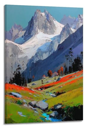 JIDUHON Alpine Mountain Flower Valley Palette - Knife Thick Coating Poster Modern Wall Art Canvas Aesthetic Decoration Painting 08x12inch(20x30cm) Frame-style
