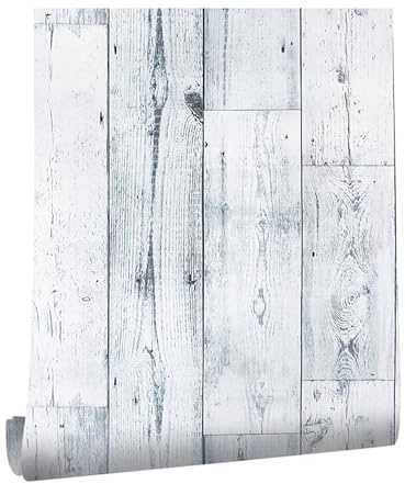 Peel and Stick Wood Effect Wallpaper, 44.5 x 1000 cm Ship-lap White Blue Light Grey Distressed Wood Plank Effect Wallpaper Wooden Slat Self Adhesive Furniture Wrap for Living Room,Bathroom,Cabinets