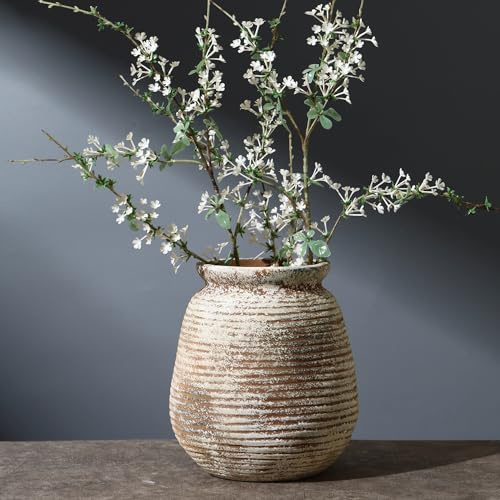 KRYSTHIA Keramik Vase Beige, Vasen Deko Groß, Vase Vintage Boho für Pampasgras, Vasen Rustikal Steingut, Blumenvase Keramik für Zuhause, Wohnzimmer, Küche, Schlafzimmer, Couchtisch, 18cm