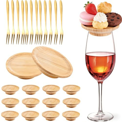 Zosutetoxo 12 piezas Tabla de charcutería con función de tapa y 12 tenedores dorados, accesorios de vino de bambú para copas, mini bandeja para servir bocadillos, excelentes regalos para amantes del