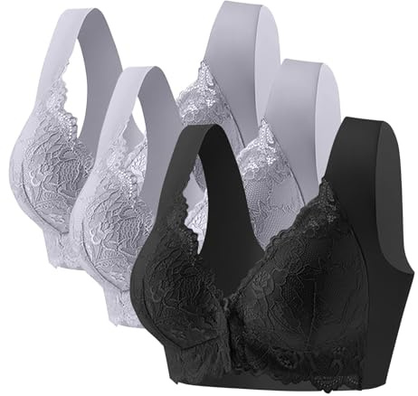 Uwdiohq 3 Pack Bras for Women Front Closure No Underwire Cotton Plus Size Full Coverage Comfortable Lace Bra Sports with Cups Minimiser Non Wired Coconut Black Sticky Wireless UK Zip Up