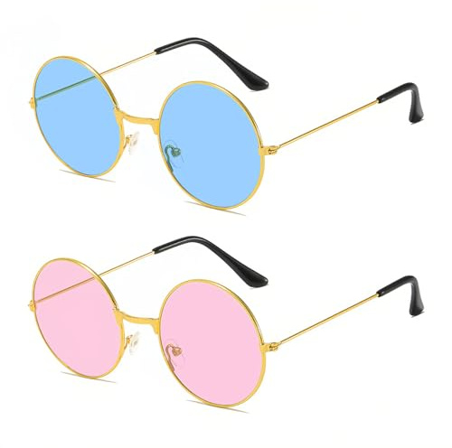 BOGCLEE 2 Stück Hippie Brille, Retro Hippie Stil Sonnenbrillen, Partybrille, Rund Hip Hop für 60er 70er Jahre Party Kostümzubehör