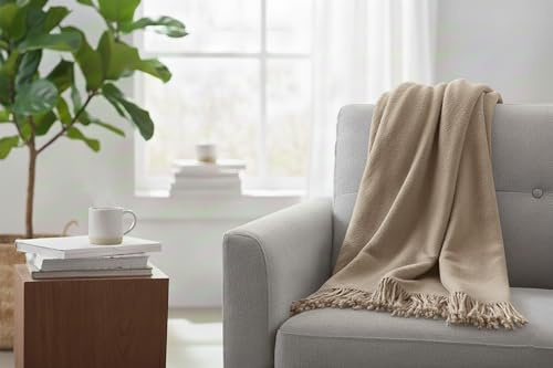 Casa Colori Wohndecke mit Fransen, Baumwollmischung, 150x200 cm, Taupe Hellbraun-Beige