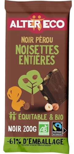 ALTER ECO - Chocolat Noir 50% aux Noisettes Entières Bio et Équitable - La tablette de 200g - Le Lot De 4