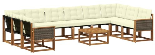 vidaXL Outdoor-Sofagarnitur mit Kissen 11 pcs Natur und Creme, Garten-Sofa, modernes Outdoor-Satz, haltbare Terrassenmöbel, perfekte Lounge für Entspannung und Komfort