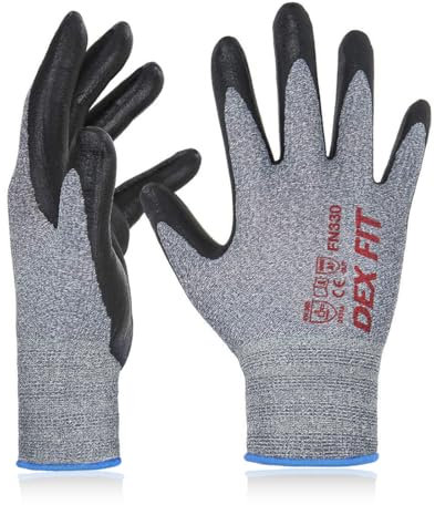 DEX FIT Nitrile Work Gloves FN330, 3D Comfort Stretch Fit, Firm Grip, Touchscreen, Thin & Lightweight, Breathable Foam Nitrile, Machine Washable; 12 Pairs (Grey, L)