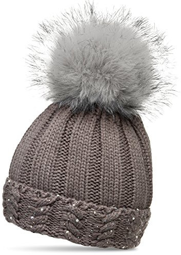 Caspar MU165 Damen Mütze Strickmütze mit Kunstfell Bommel und Glitzer Dekor, Farbe:Taupe, Größe:One Size