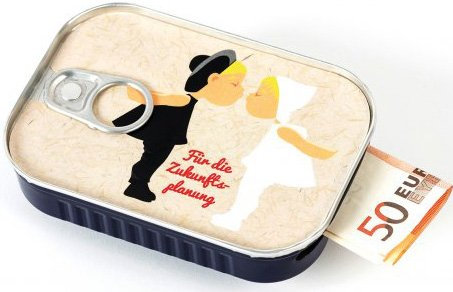 Geldgeschenk Verpackung Sardinendose ZUKUNFTSPLANUNG Geld Geschenkverpackung für Hochzeit, Baby, Verlobung oder als Geldgutschein | inkl Aufkleber für individuelle Botschaft | made by Scherzboutique