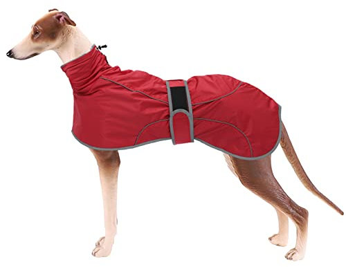 Geyecete- Wasserdicht Windhunde Mantel Fleece Whippet Pullover Winterjacke,Verstellbaren Reflektierend Outdoor Hundemantel für mittel und Grosse Galgo Windhund Whippet Lurcher Saluki-Rot-XS