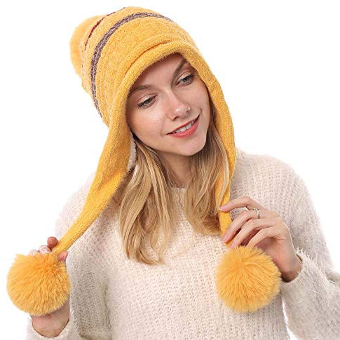 GUMONI Winter Ohrenschützer Gestreifte Bommelmütze Damen Chenille Fleece Gefüttert Dick Warme Gestrickte Mütze mit 3 Pompon Strickmütze Gelb