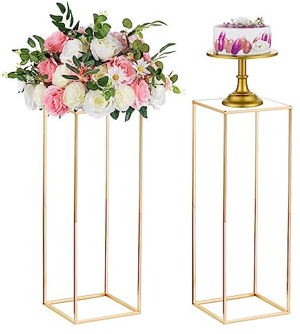 Nuptio 2 Pezzi Vasi D'oro per Tavoli Centrotavola Matrimonio, Vaso Fiori In Metallo Vaso Fiori Colonna, Vaso Fiori Geometrico Alto 80cm, Espositore per Fiori Rettangolare per Decorazioni Matrimoni