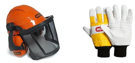 Oregon Waipoua Casque de Sécurité pour Tronçonneuse avec Cache-Oreilles de Protection et Visière en Maille & Gants de Protection - Mixte Adulte - Jaune (Blanc) - L