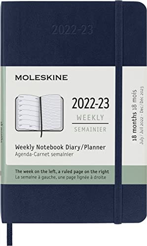 Moleskine - 18 Monate Wochenplaner, Terminkalender 2022/2023, Wochenplaner mit Weichem Einband und Gummibandverschluss, Maß Pocket 9 x 14 cm, Farbe: Saphirblau