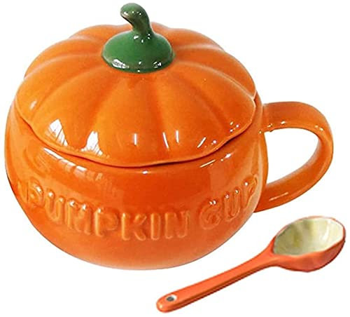 YBK Tech Cute Pumpkin Cup, Soup Bowl, Ceramic Coffee Mug, Large Teacup, Milk Cup with Lid (800ml Bowl+ Spoon), Orange