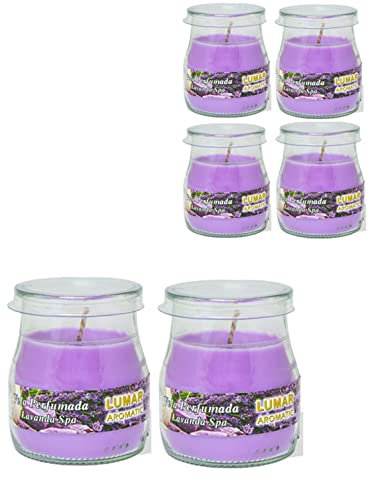 Velas aromáticas en vaso de yogurt cristal con tapa PlusHome (Lavanda Spa, Pack 6)