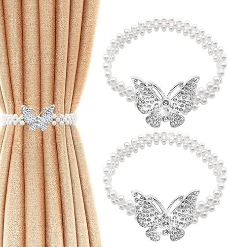 DIKEBAO 2 Pcs Abrazaderas Cortinas Elásticas Recoge Cortinas Decorativo Amarres Cortinas Correa para Sujertar Cortinas Decorados con Perlas y Adorno de Mariposa para Gruesas Cortinas o Cortinas Finas