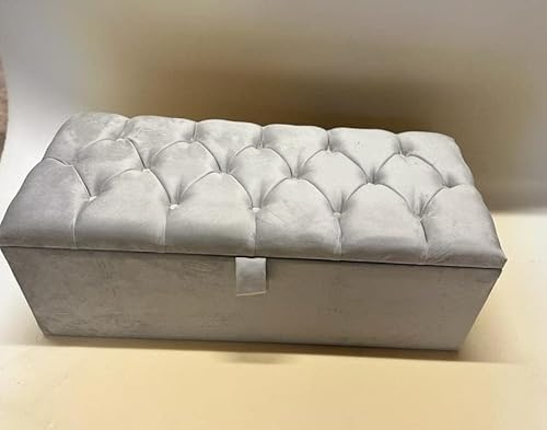 Furnishion Upholstered Ottoman Storage Box in Light Grey - Large Blanket Box with Tufted Design for Extra Seating and Stylish Storage Solution (Light Silver Plush Velvet)