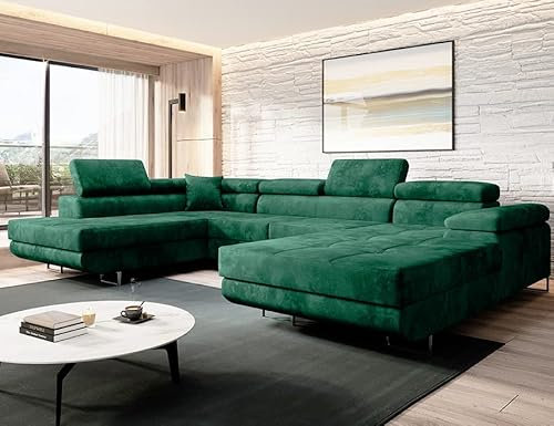 MODERNO Varberg U-Shaped Corner Sofa Left with Sleep Function, Bed Container, Corner Sofa, Sofa Bed, Living Room, Bedroom, Furniture Sofas & Couches, Sofa Bed Velour, Bottle Green, 72 x 345 x 205 cm